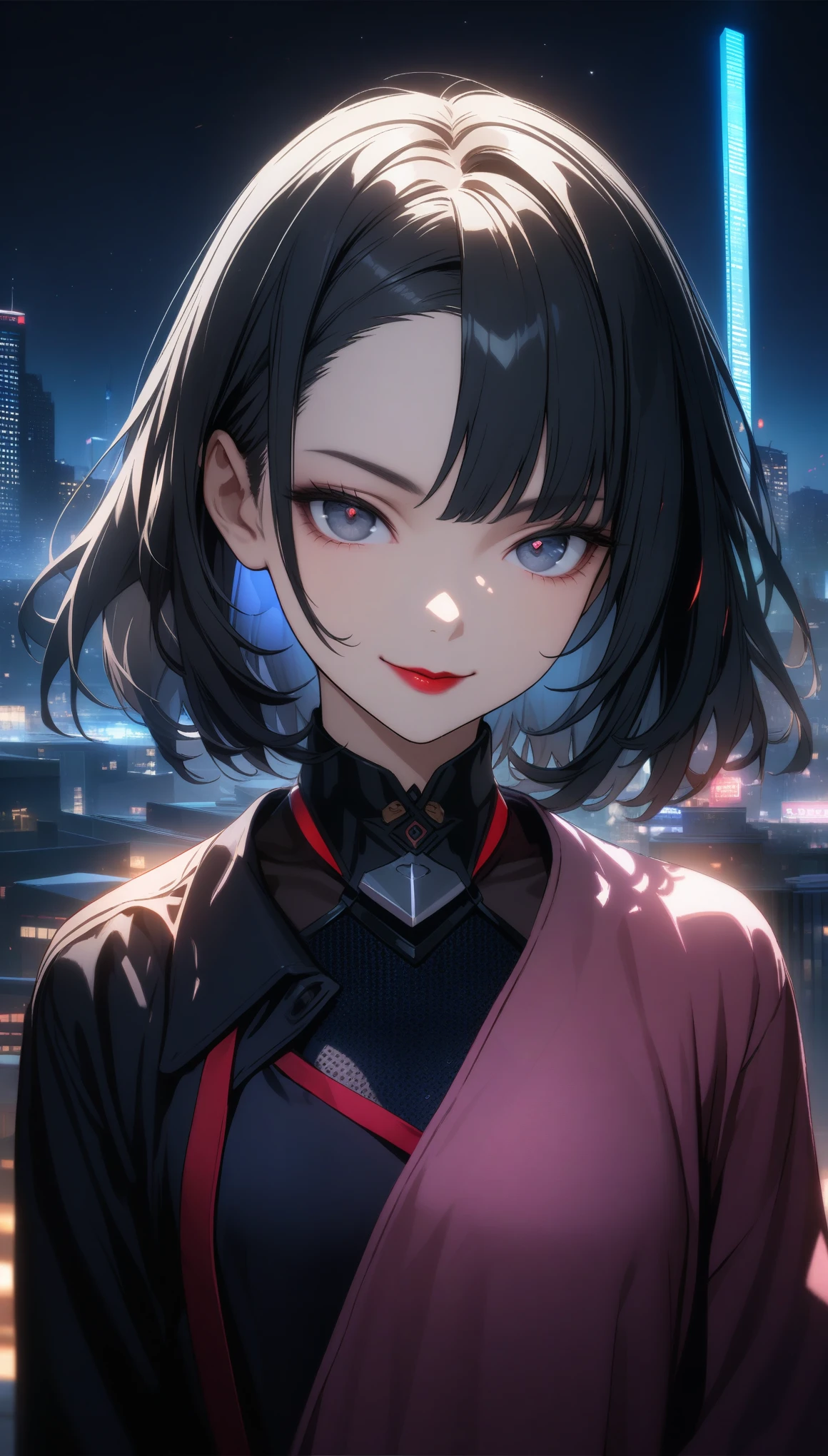 32k, best quality, ultra high res, HDR, UHD, extremely detailed CG, unity 32k wallpaper, Face Focus, Portraiture, Glowing black eyes, Feminine style, One Girl, asymmetrical bangs, bangs, Black Hair, goodid, good, looking at the camera, smile, night, city, Bob Hair, abdomen, Red lips, shirt, alone, Are standing, goodid, Upper Body, underwear, pink underwear, Perfect body line, beautiful kubire, beautiful, Mischievous face,