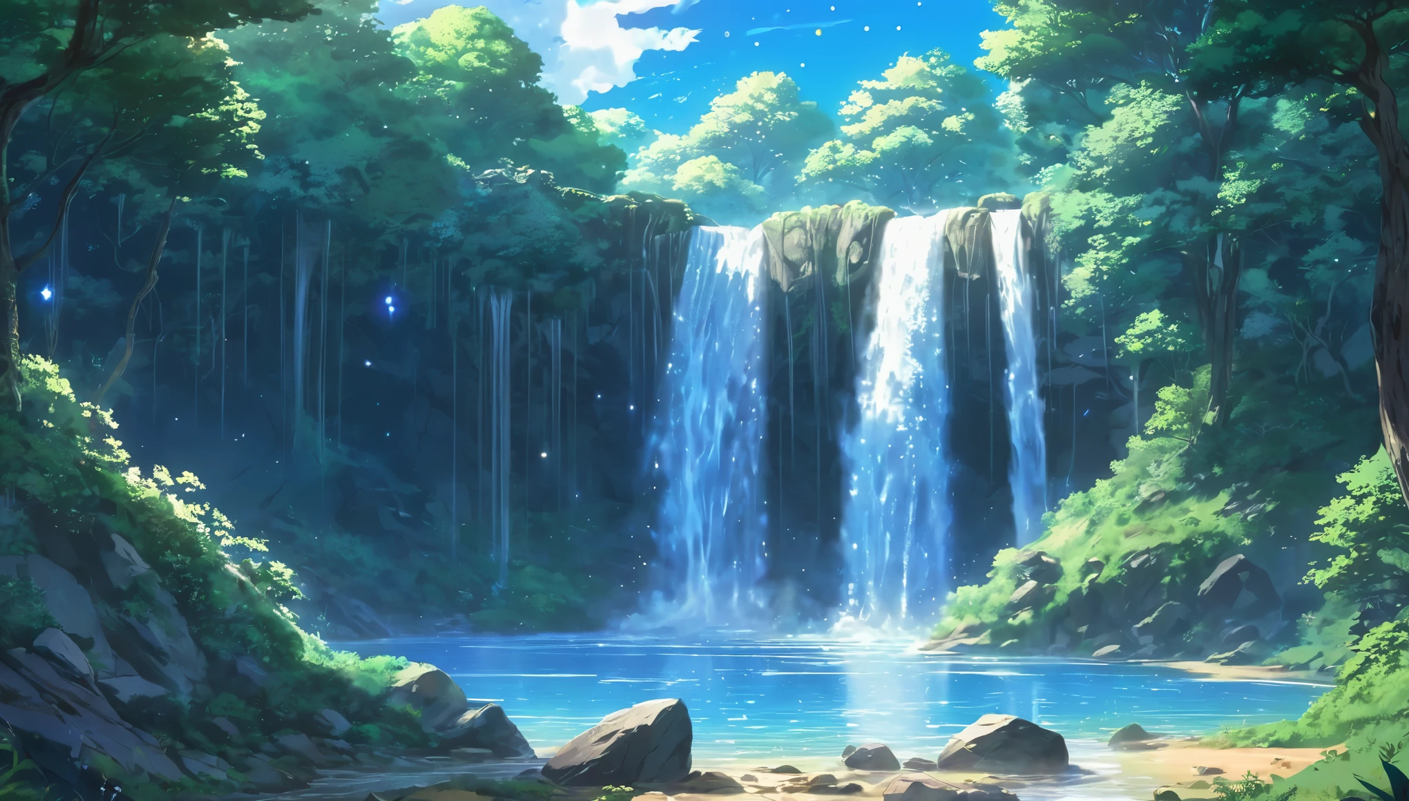 some small waterfalls,starry sky,romantic ambient, whimsical,ultra detailed environment, art by Mschiffer, (cel-shading style) anime, manga, washed colors, nuanced colors, Epic adventure, spiritual, soul, sparkles, Beautiful day, amazing sparkles, very blue sky’s, eternity 32K quality