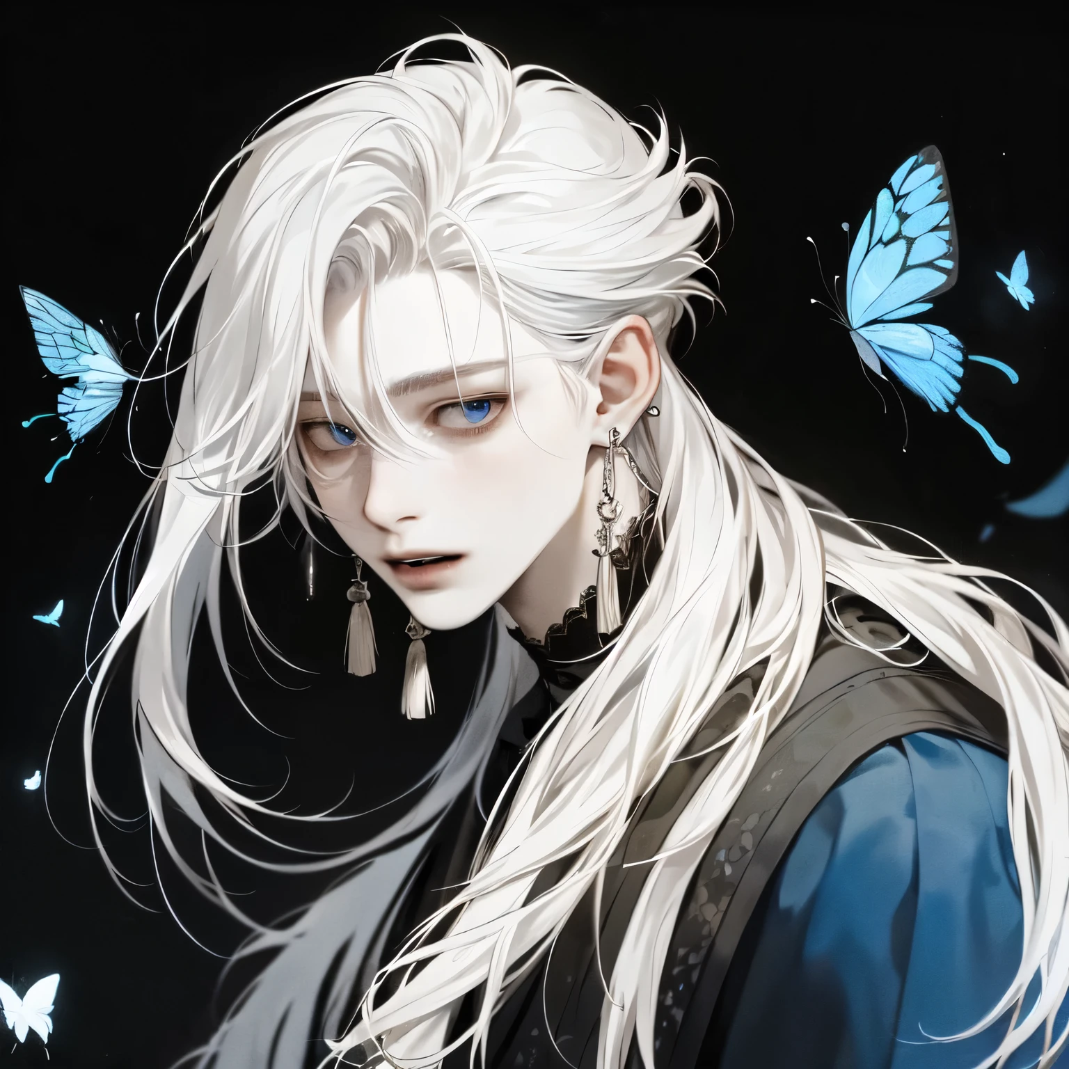 masterpiece, Male focus, 1 boy, solitary, white hair, tassel earrings, tassel, jewelry, earrings, open mouth, black background, blue eyes, Long hair, Vulnerabilities, Butterfly, Upper Body, Hair between the eyes, Colorful hair