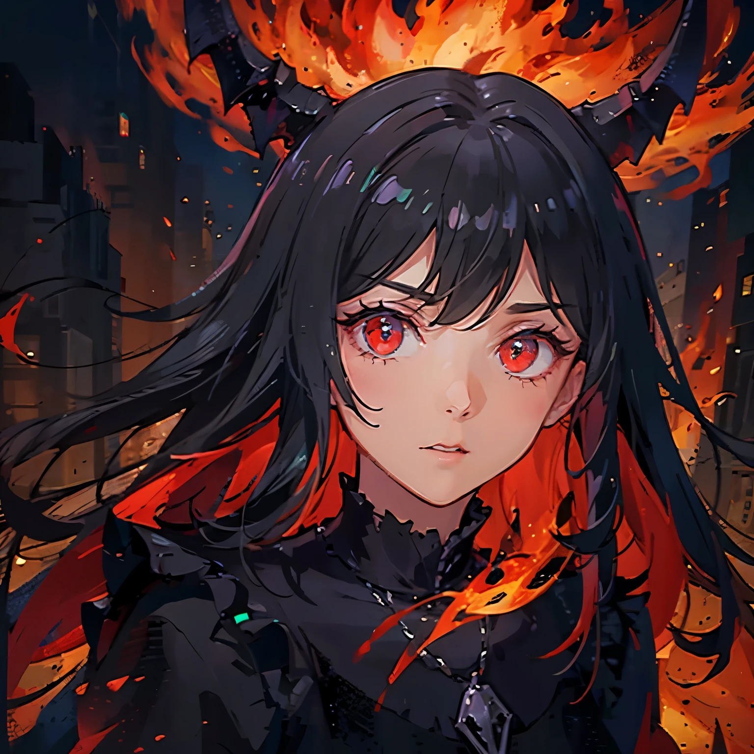 Generate an illustration of a fearsome fire demon standing before a village. Show the demon with a fiery aura surrounding it, emanating menace and danger. Depict the villagers in a close-up, expressing fear and concern as they witness the looming threat of the fire demon.