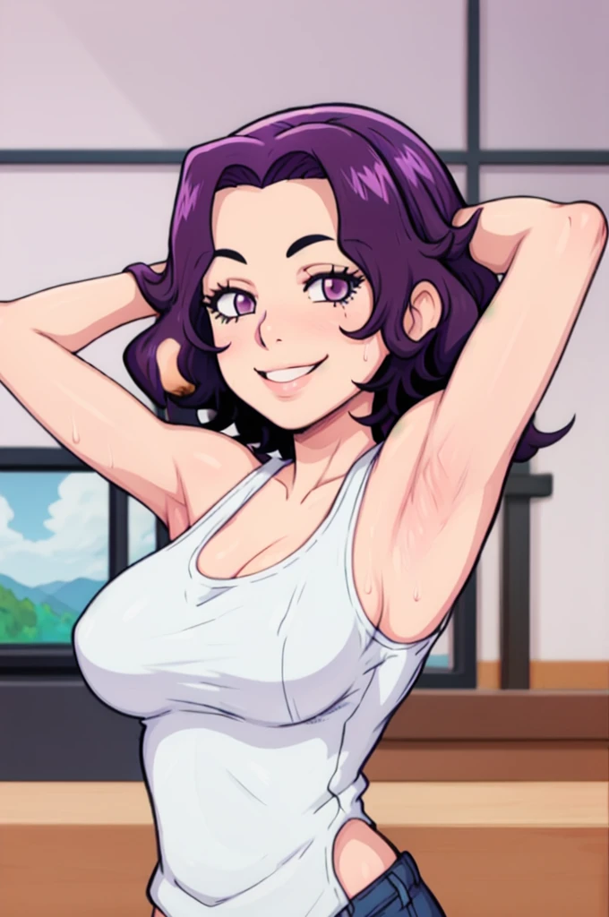 masterpiece, best quality, looking at viewer, upper body, portrait, looking at viewer, seductive smile, put your hands behind your head, armpits, armpits visible, sweaty armpits, azusa hamaoka, very large breasts, short hair, purple hair, wearing tanktop, no bra,