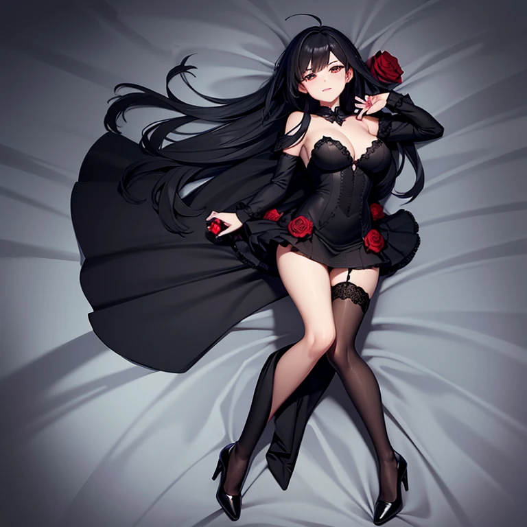 Black dress, dark hair, heels, dark eyes , a rose in her hand , rose flowers around , rose petals fly in the air , sun , black panties with a rose pattern , stockings , 8K best graphics best details