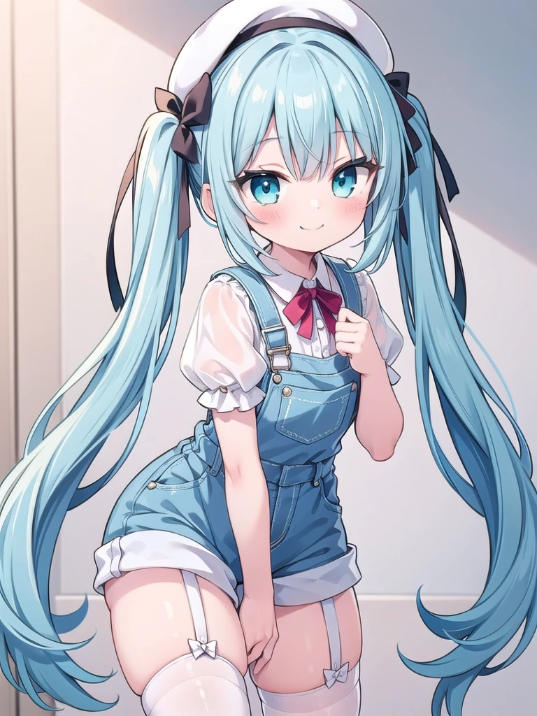 1girl, best quality, perfect hands, smile, cyan hair, very long hair, twintails, black hair ribbon, cyan eyes, white shirt, overalls, blue shorts, puffy short sleeves, white beret, blush, hair ornament, white thighhighs, white garter straps, white beret