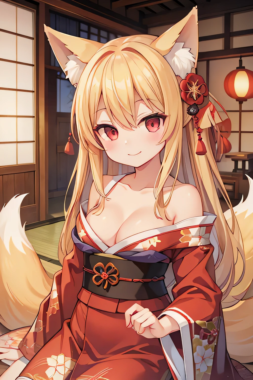 highest quality、smile、Small breasts、Cleavage、Fox ears、Long blonde、Red Eye、kimono、Japanese-style room