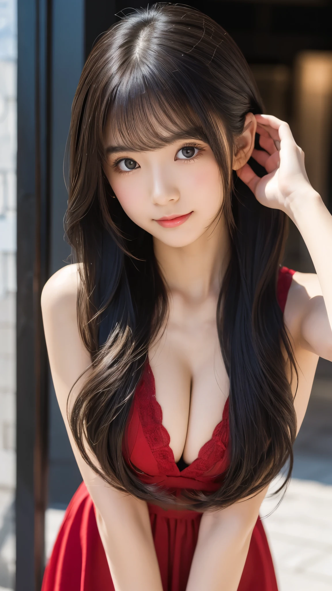 Shining, clear, white skin、Her windblown black hair hides her beautiful face.、huge、Sexy beautiful face of 28 years old、A beautiful and eye-catching ponytail、growing up, glowing light brown eyes、Sexy long silky bangs covering the eyes, Sexy young woman with super long hair hiding her sexy face、Shiny black hair、(((Sexy Woman)))、The cleavage is visible,Red sexy dress