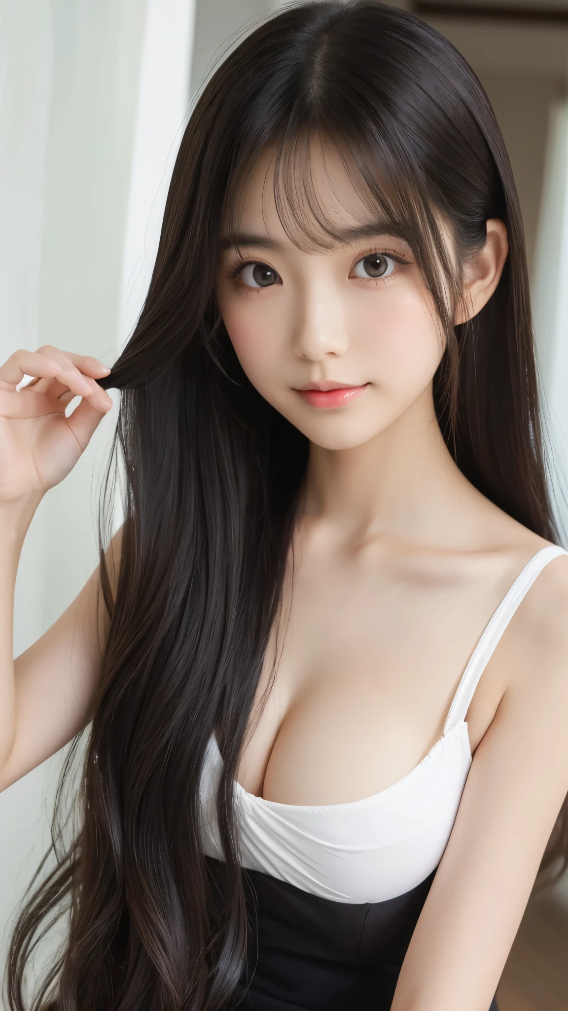 Shining, clear, white skin、Her windblown black hair hides her beautiful face.、huge、Sexy beautiful face of 28 years old、A beautiful and eye-catching ponytail、growing up, glowing light brown eyes、Sexy long silky bangs covering the eyes, Sexy young woman with super long hair hiding her sexy face、Shiny black hair、(((Sexy Woman)))、The cleavage is visible,Red sexy dress