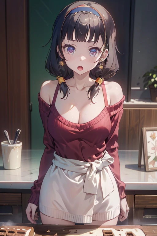 masterpiece, yor, 1girl, Amazing :1.3, thin waist, big ass, Rai sexy, mediureast: 1.8 poeavage:1.2、solo, lt viewer, o mouth, have a cup of coffee,black hair, red eyes, dress, bare shoulders, jewelry, collarbone, sidelocks, hairband, earrings, indoors, off shoulder, :o, sweater, arms behind back, plant, short hair with long locks, white hairband, off-shoulder dress, sweater dress, off-shoulder sweater, red sweater, big side hair, very long side hair,is rendered in (masterpiece: 1.2, best quality), with (ultra high resolution) and an exquisite (depth of field). This masterpiece is not only visually stunning but also tells, make of cake cooking ,in the kitchen