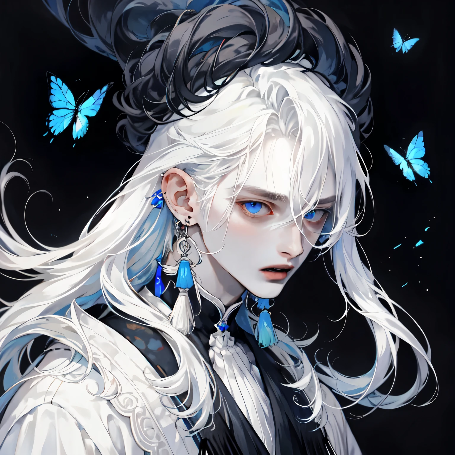 masterpiece, Male focus, 1 boy, solitary, white hair, tassel earrings, tassel, jewelry, earrings, open mouth, black background, blue eyes, Long hair, Vulnerabilities, Butterfly, Upper Body, Hair between the eyes, Colorful hair