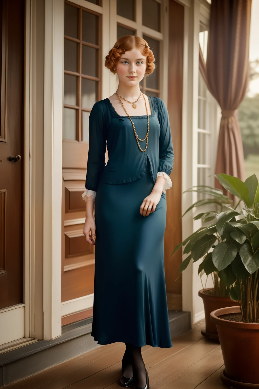Tharsis, 1921. A young ((((25-year-old)) Kristina Lomholt)), dutch woman, elegant, in the victorian front porch, ((((clothings from the 1920s)))), ((ginger hairstyle of the 1920s)), colorful