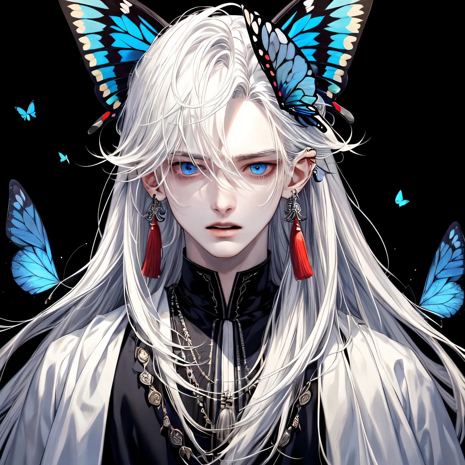 masterpiece, Male focus, 1 boy, solitary, white hair, tassel earrings, tassel, jewelry, earrings, open mouth, black background, blue eyes, Long hair, Vulnerabilities, Butterfly, Upper Body, Hair between the eyes, Colorful hair