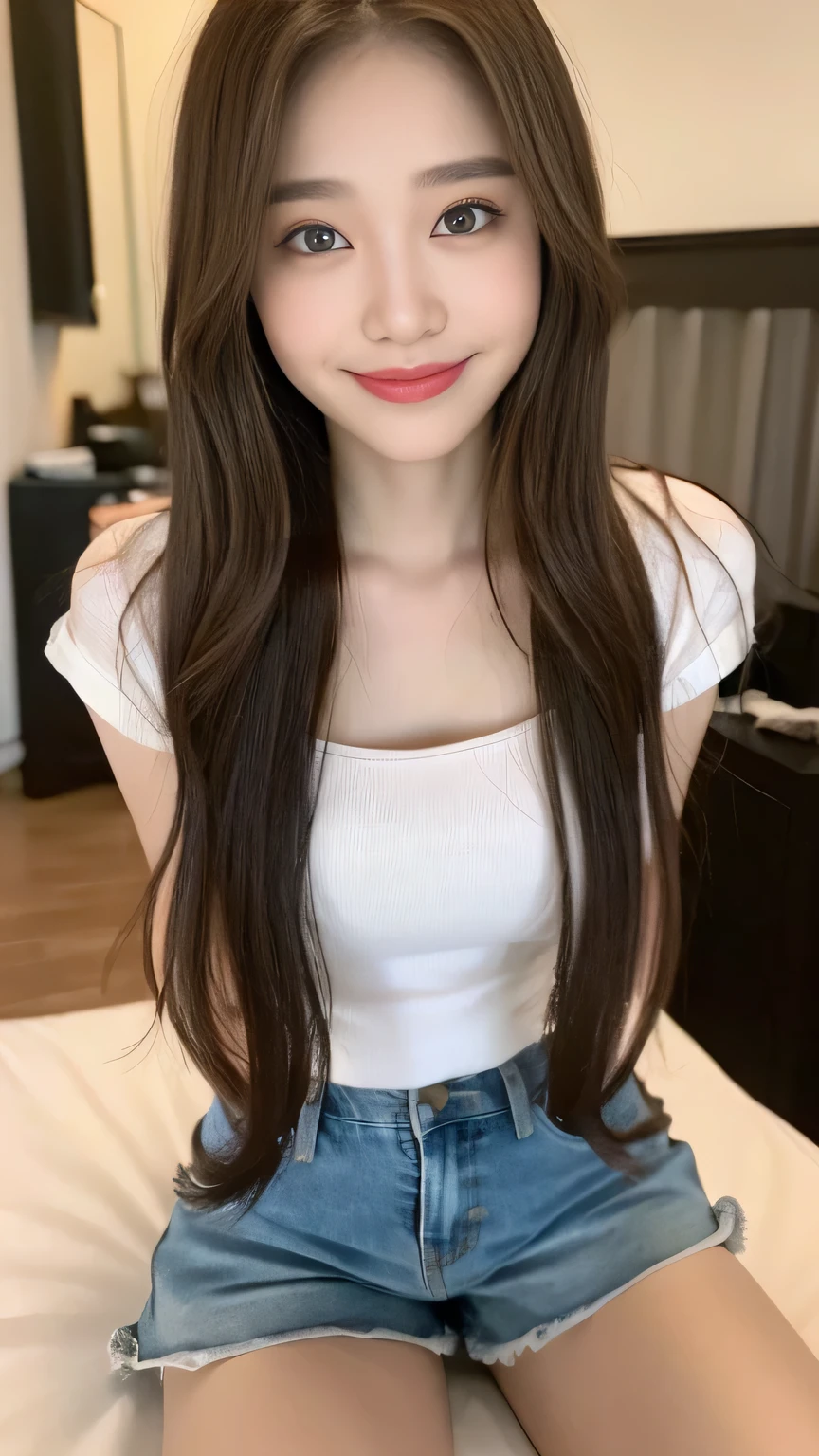 Full body angle、((highest quality, 8K, masterpiece:1.3)), concentrated:1.2, Perfect body beauty:1.4, Hips:1.2, ((Delicate Hair)), (Colorful pajama t-shirts、Shorts :1.1) , ((highest quality、8K、masterpiece:1.3))、1 Girl、A sloppy smile、Esbian all over、Slim face、Big 、Beautiful woman、(Dark Brown Hair)、Long Hair、1.1、Flickering Valley、Detailed eyes、double eyelid、Blurred Background、超Slim face、Smile、Looking down、