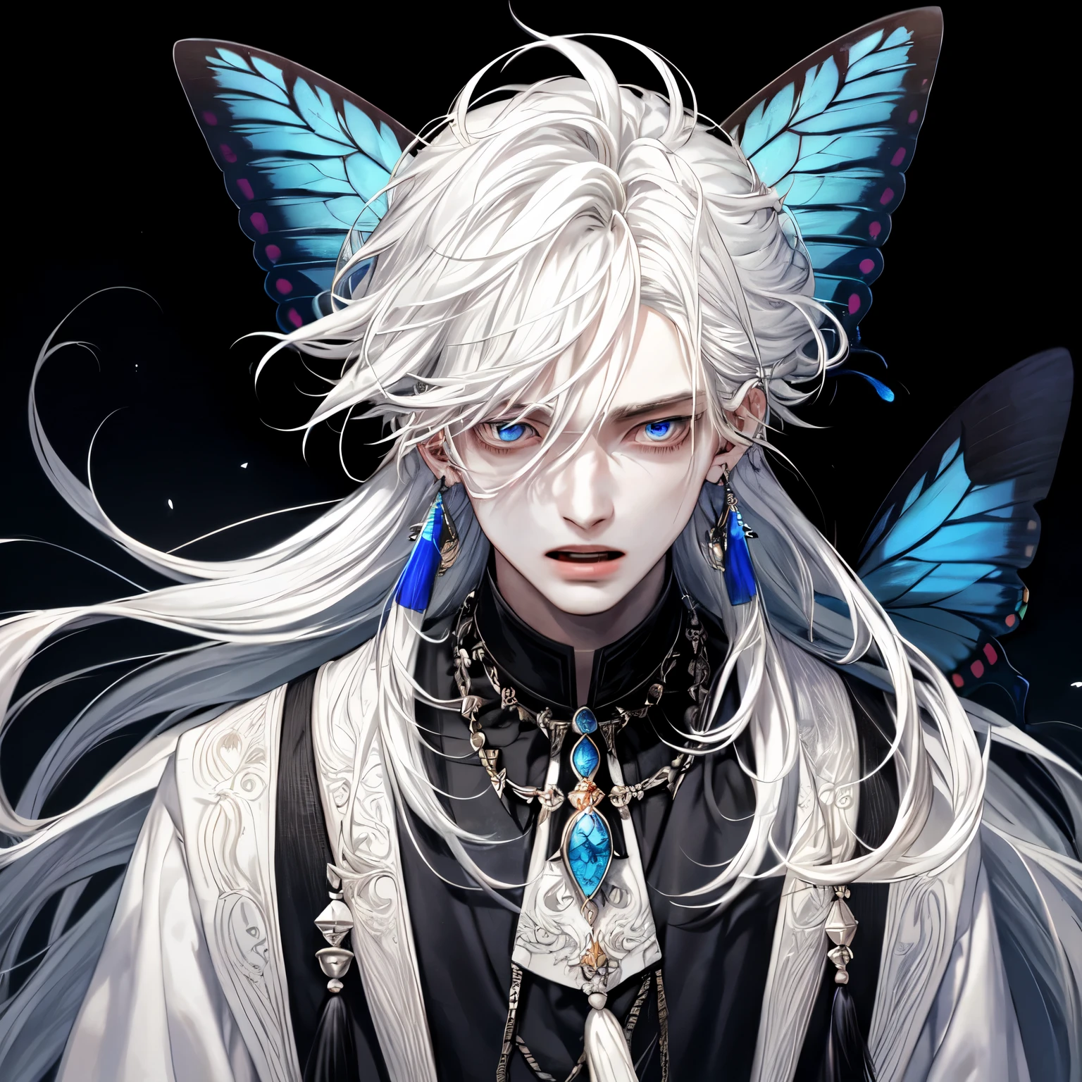 masterpiece, Male focus, 1 boy, solitary, white hair, tassel earrings, tassel, jewelry, earrings, open mouth, black background, blue eyes, Long hair, Vulnerabilities, Butterfly, Upper Body, Hair between the eyes, Colorful hair