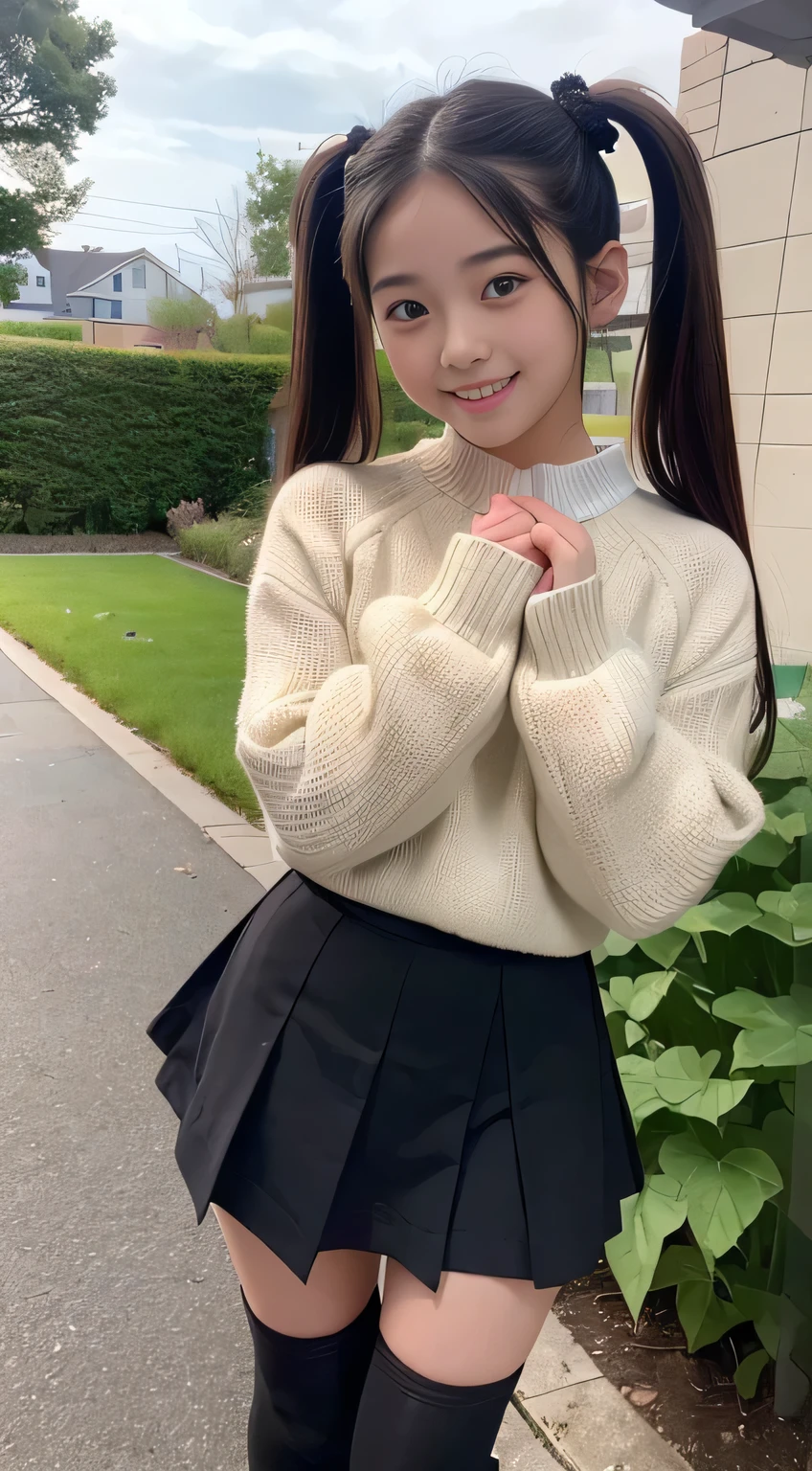 (high quality, High resolution, Very detailed, Realistic:1.37), 、Peaceful atmosphere, (Outdoor, garden)、 ((Big twin tails、Scrunchie))、18 year old high school girl standing alone、, Beautifully detailed features, Cute Smile, (Black-haired), (sweater), (Checked mini skirt), (black tights), (Brown boots)