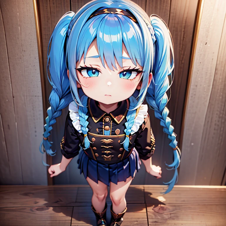 (best quality, masterpiece, uncensored, high quality, ultra detailed, extremely detailed CG, beautiful face, beautiful eyes, beautiful hair), solo, 1girl, (((loli:1.3))), ((((4 years old)))), (infant), (light blue hair, short twin braids, hairs between eyes:1.5, crossed bangs:1.5), (beautiful big eyes, golden yellow eyes, Tsurime), (happy, expressionless), (book, hairband), (peach , navy blue mini pleated skirt), (frilled legwear, platform boots), (extremely awesome detailed deep-silky-healthy-lackwarm-foundational-soft-skin:1.1), (extremely awesome detailed gleaming skin), (extremely awesome detailed pretty face, extremely awesome detailed eyes, extremely awesome detailed shiny hair:1.2), extremely awesome detailed dynamic lighting, extremely awesome detailed caustic, extremely awesome detailed deep shadows,(best quality, highres, absurdres, extremely awesome detailed CG unity 8K HDR wallpaper, perfect anatomy:1.1),(extremely awesome detailed realistic, extremely awesome detailed 3d:1.0)