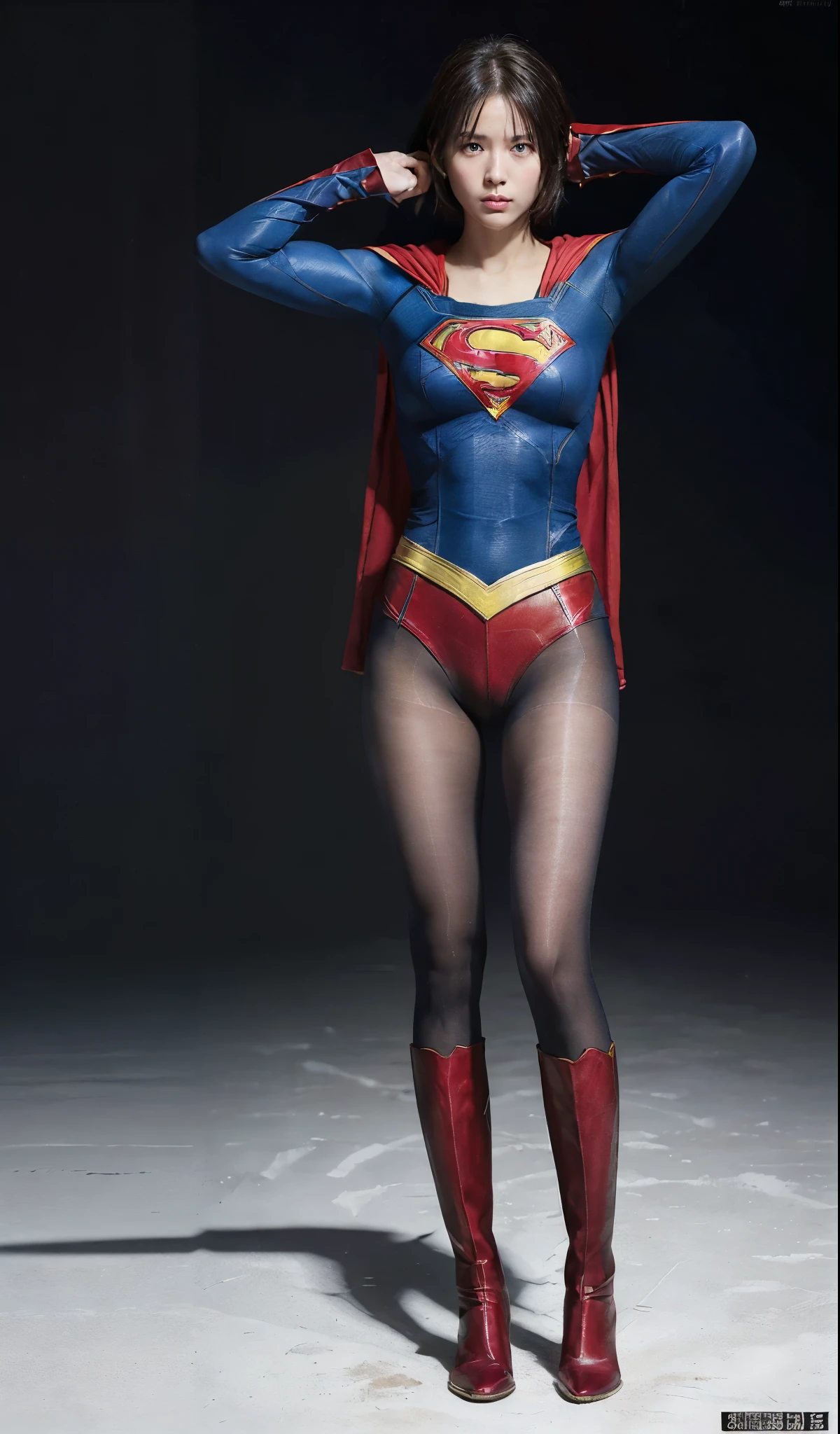 No background、extinct、She always looks distressed、Always close your eyes、Keep your arms up at all times、Always with your arms in the air、(((Beautiful legs in black tights.)))、(((Stretch your legs、expensive、あなたのsufferingを合法的に表現する)))、((((Make the most of your original images)))、(((Supergirl Costume)))、(((Beautiful short bob hair)))、(((suffering)))、(((Black tights legs、Wear red boots)))、((Best image quality、8k))、((highest quality、8k、masterpiece:1.3))、(((Preserve background )))、Sharp focus:1.2、Beautiful woman with perfect figure:1.4、Slim Abs:1.2、Wet body:1.5、Highly detailed face and skin texture、8k