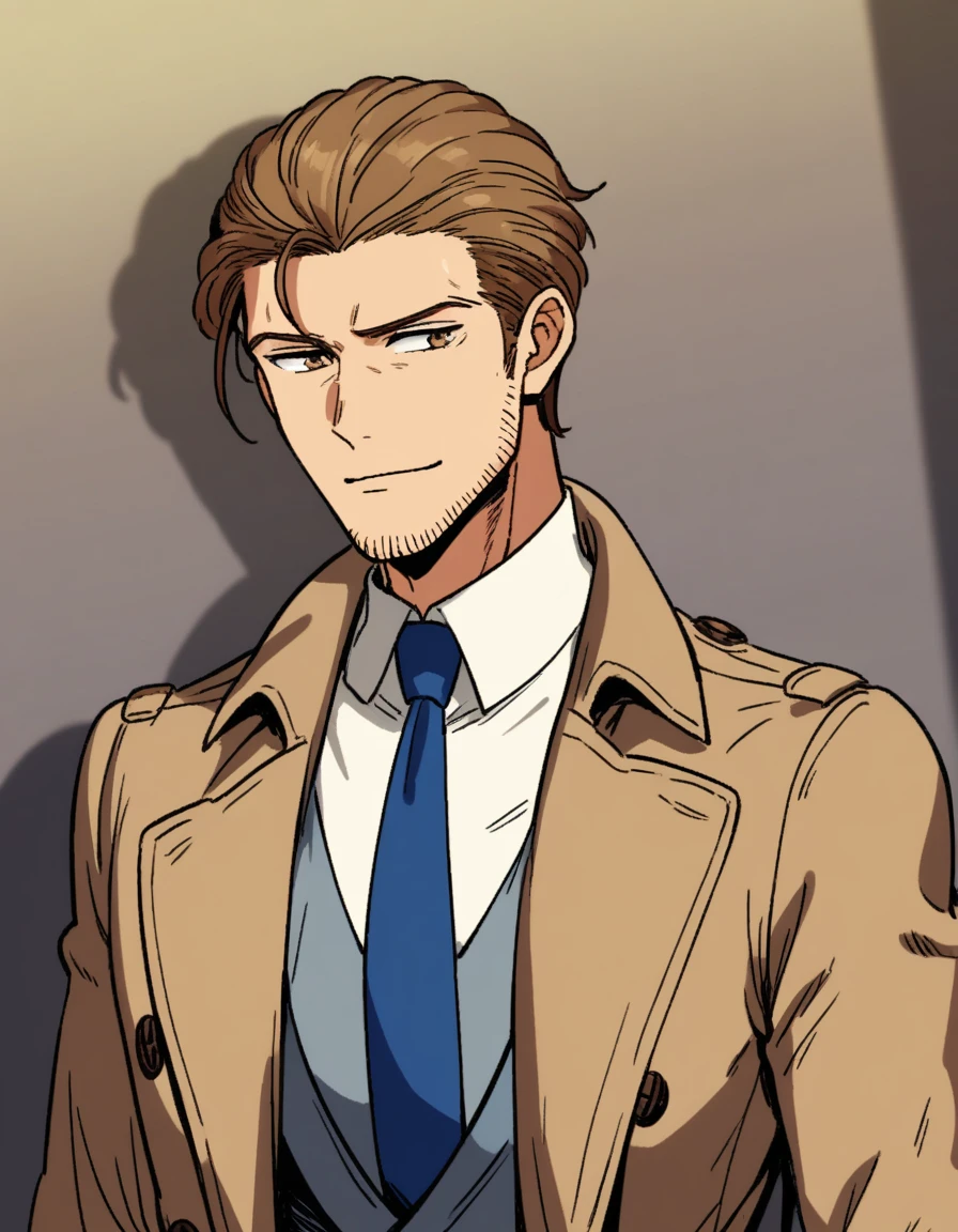 1man, detailed shabby mature, ordinary detective, tired wavy slicked back, yellow-brown hair, heavy weight, shihaku eyes, light-brown eyes, short stubble, rough skin, Oval-shaped head, dandy, ugly face, solo, white collared_shirt, blue necktie, beige trench_coat, dark worn-out suit, light smile, standing, light shade, in retro eroge style, visual novel, 1970s, VHS quality, masterpiece, best quality