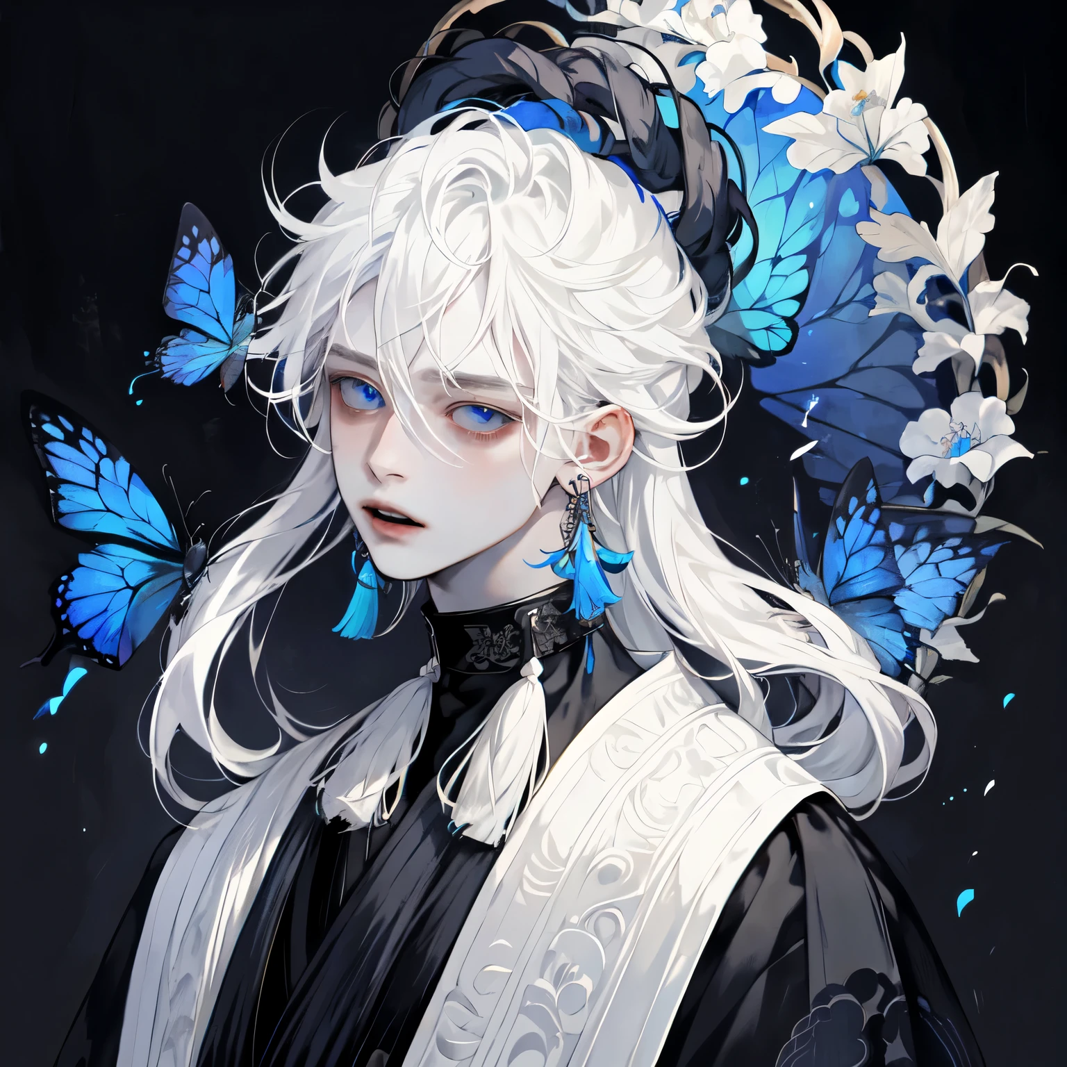 masterpiece, Male focus, 1 boy, solitary, white hair, tassel earrings, tassel, jewelry, earrings, open mouth, black background, blue eyes, Long hair, Vulnerabilities, Butterfly, Upper Body, Hair between the eyes, Colorful hair
