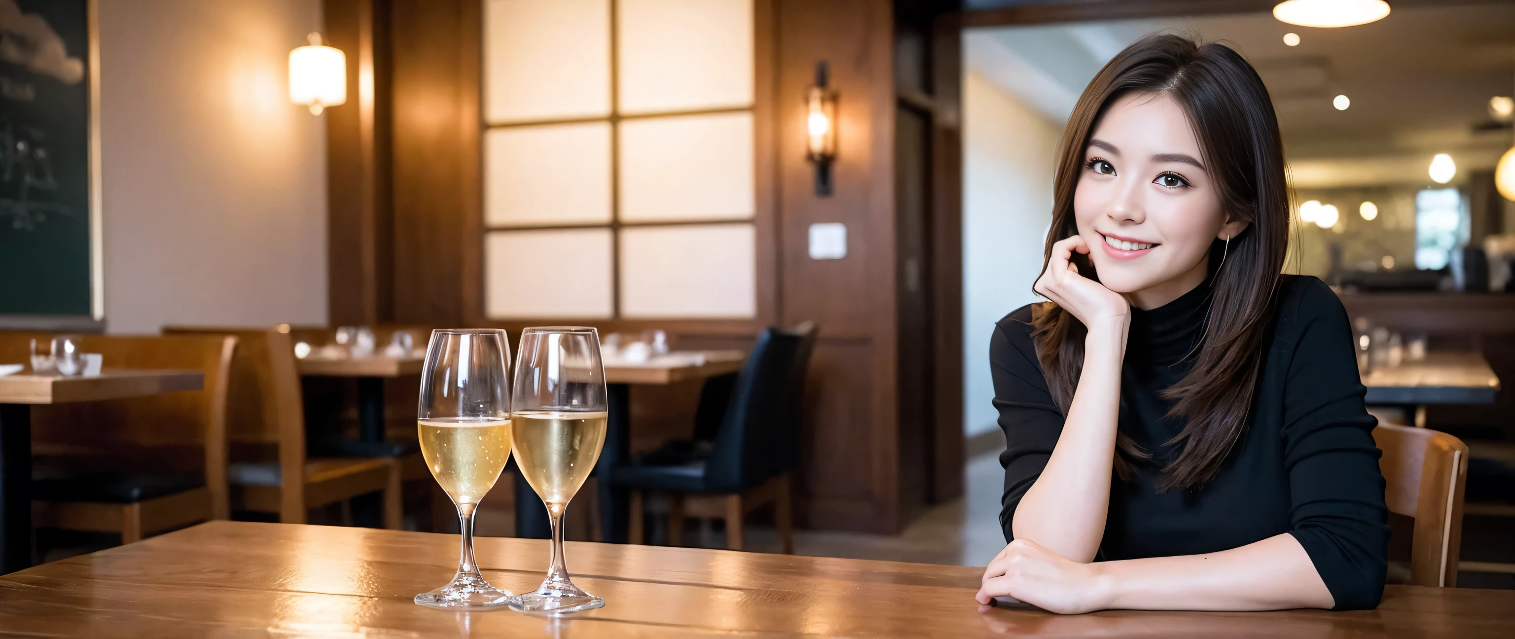 ((highest quality、8k、masterpiece:1.3))、Sharp focus:1.2、Beautiful woman perfect body:1.4、Slim body、((Bob Hale、Straight hair:1.2))、(to be born, highest quality, masterpiece:1.5), (Realistic, Intricate details:1.2), Wine glass on the table、shine a light on your face、 Amazing view of the sunset sky and clouds、Amazing mountain views、A bright smile、A lovely woman with a smile、Bright image、2. The beauty of wine, Beautiful Face, blue eyes, The light shines on your face, Blushing, short hair,Bright Face、Fox face、 (43 years old), 39 years old, Lady、red wine 、Appetizers、Italian food、Wine bottle、Champagne、sparkling wine、Two beauties、Brown Hair、Shortcuts、Long sleeve shirt、dress、Pretty Woman 1, (Slim face), (The body is slim), (Brown Hair), (Shortcuts), cheeks turn a little red,Attractive beauty、, Out of the window, A beautiful and detailed night view unfolds.........., restaurant, In a prominent place (From the waist up) Nova Frog Style, actress, model, Upper Body, White wine, slim, wine glass, A wine glass placed in the middle, smile, (smile: 1.15), Beautiful fine grain, Depth f/2,saturation, High Contrast, Strong light and shadow,Moist Body:1.5、3D texture、Delicate eyes、Brown Hair、The hair is very shiny、