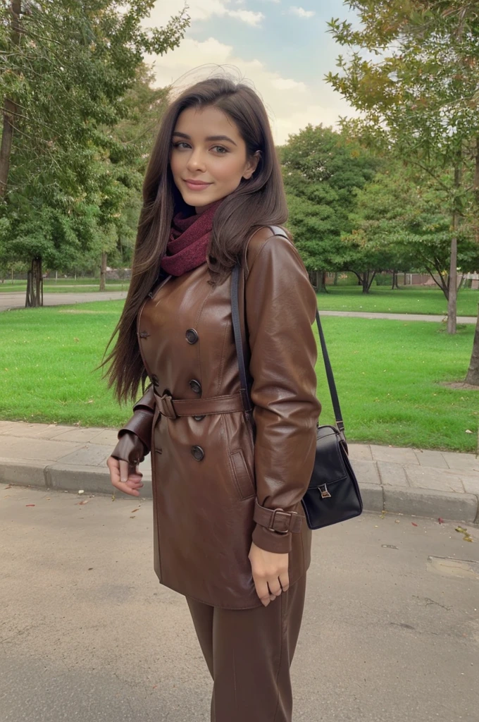 [Profile picture, shoot taken from back] Editorial Photography 2000's style, a beautiful, gorgeous, elegant, classy spanish woman, she has straight brunette hair, and she has a beautiful winter outfit, a double breasted tan brown leather coat with trousers, scarf, gloves and boots, also she's carrying a dark brown leather backpack. She's glad, joyful, cherful, she looks like a dream, she looks so radiant, splendid, amazing. She's at park on afternoon and she's possing for camera.
