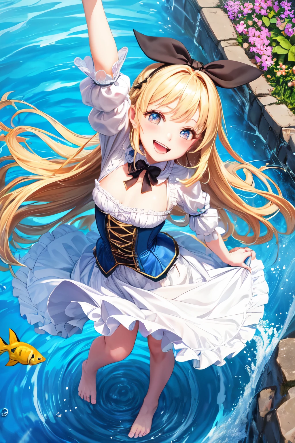 ((highest quality)), ((masterpiece)), (detailed), Perfect Face,Gothic style,English Garden,((From above)),Overlooking,Looking up,Excited,skirt lift,A big smile,dazzling,happiness,happinessな時間,blonde,ribbon,beautiful girl,Long Hair,velvet,corset,Frills,organdy,Lace clothes,crinoline,((kick)),(leg up),barefoot,(Splash),Twist your body,small fish