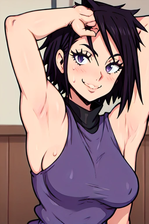masterpiece, best quality, looking at viewer, upper body, portrait, looking at viewer, seductive smile, put your hands behind your head, armpits, armpits visible, sweaty armpits, hinata sakaguchi, very large breasts, black hair, short hair, wearing tanktop, no bra,