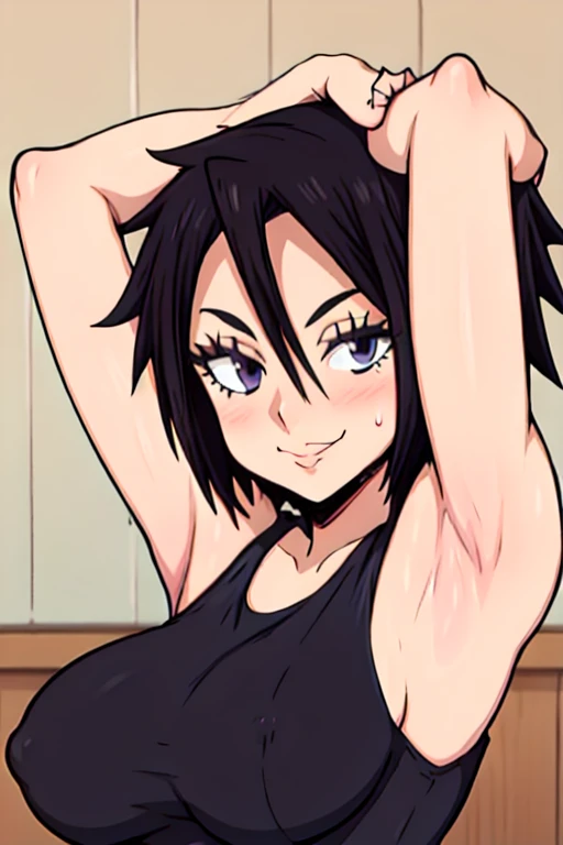 masterpiece, best quality, looking at viewer, upper body, portrait, looking at viewer, seductive smile, put your hands behind your head, armpits, armpits visible, sweaty armpits, hinata sakaguchi, very large breasts, black hair, short hair, wearing tanktop, no bra,