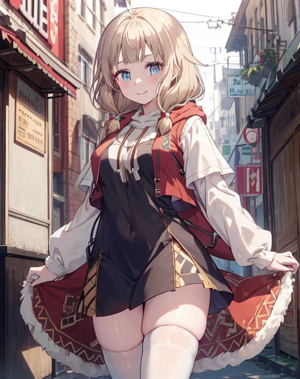 masterpiece, 1girl, sparrow, a blonde haired girl, wearing a brown viking clothes, curly medium hair, messy hair, slim body, wearing furry capelet with hoody, he close her left eye, shirt ornament, aqua eyes, sho show her back, ahoge, red vest, baby , big breast, beautiful breasts, rounded breasts, braid hair, long sleeves, beautiful eyes, white stocking, droopy eyes, her age is 19 years old, smile, ancient viking 