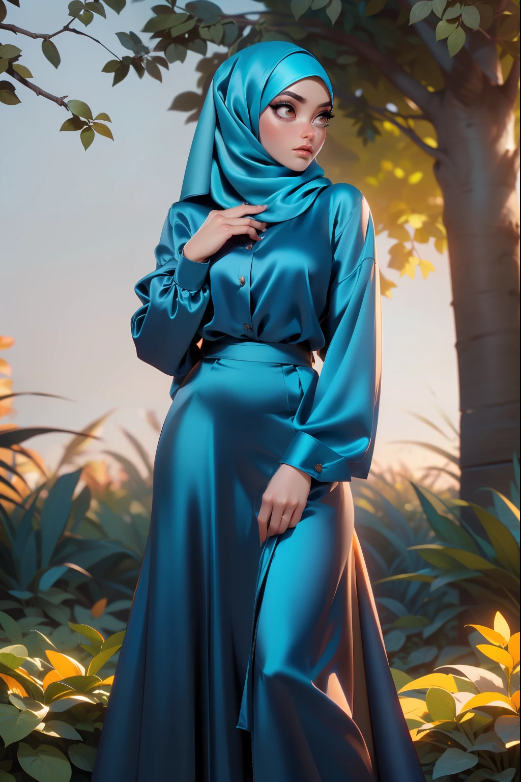 3DMM, ((Masterpiece, best quality, photography, detailed skin, realistic, photo-realistic, 8k, highly detailed, full length frame, High detail RAW color art, diffused soft lighting, shallow depth of field, sharp focus, hyperrealism, cinematic lighting, hijab, a woman in a beautifully makeup, eyeshadow, beautiful big eyes, ((Brown eyes)), long eye lashes, wearing (Dark blue satin hijab), loosely tide hijab style, ((gray satin shirt)), satin long maxi skirt, dancing under tree, garden, orange teal colour grading