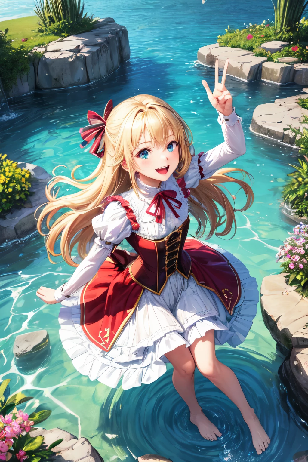 ((highest quality)), ((masterpiece)), (detailed), Perfect Face,Gothic style,English Garden,From above,Overlooking,Looking up,Excited,Spread your hands,A big smile,dazzling,happiness,happinessな時間,blonde,ribbon,beautiful girl,Long Hair,velvet,corset,Frills,organdy,Lace clothes,crinoline,Kicking the water,((reg up)),barefoot,(Splash),Sole,Twist your body,small fish