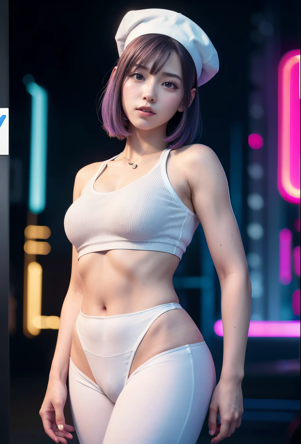 (8K, Raw foto, Best Quality, mastery:1.2), (realisitic, Realistis:1.37),(kpop-idol), (aegyo sal:1),Cute,Professional Lighting, photons mapping, radiosity, physics based rendering , , lucy \(The cyberpunk\), bob cuts, mechanical parts, Grey eyes, short soft pink hair, wearing white nurse cap and white Tight Suit with purple blue gradient essence, cyberpunk city, white pants, natta, neon lit, Sexy, smoke, looking up at viewer,, 8K High Resolution, 8K, CG wallpapers, realitic, clear background, Medium , Body