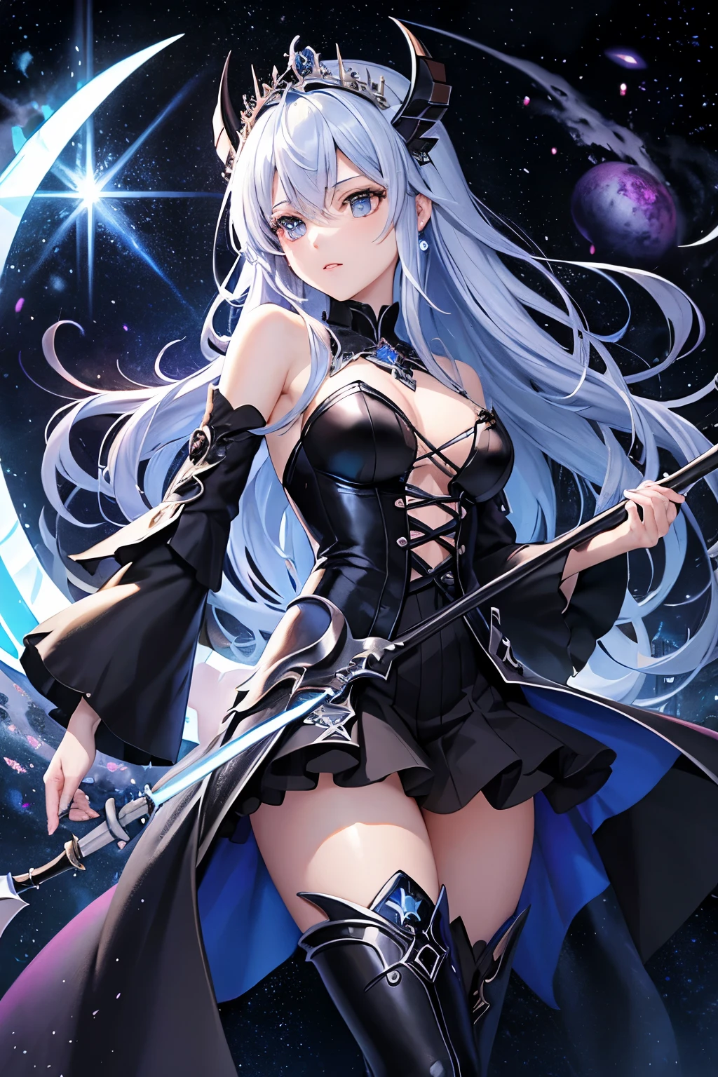 (((highest quality、first-class、masterpiece、Normal body、8k、Detailed face、Ultra-precision、Normal hand、Normal finger、5Finger、)))Blue and silver hair、Princess、Black Dress、Off the shoulder、Black Skirt、Ridiculous Costumes、Shiny Tiara、Metal Boots、Death Scythe、Dark Scythe、Grim Reaper、grim Reaper、Colorful Magic Light、magic cirlcle、Order and Chaoyth、Collapsed galaxy、Dimensional Destruction、Paradox、Matrix、Cesar、Galaxy Center、Slash the galaxy with your scythe、Wielding a scythe
