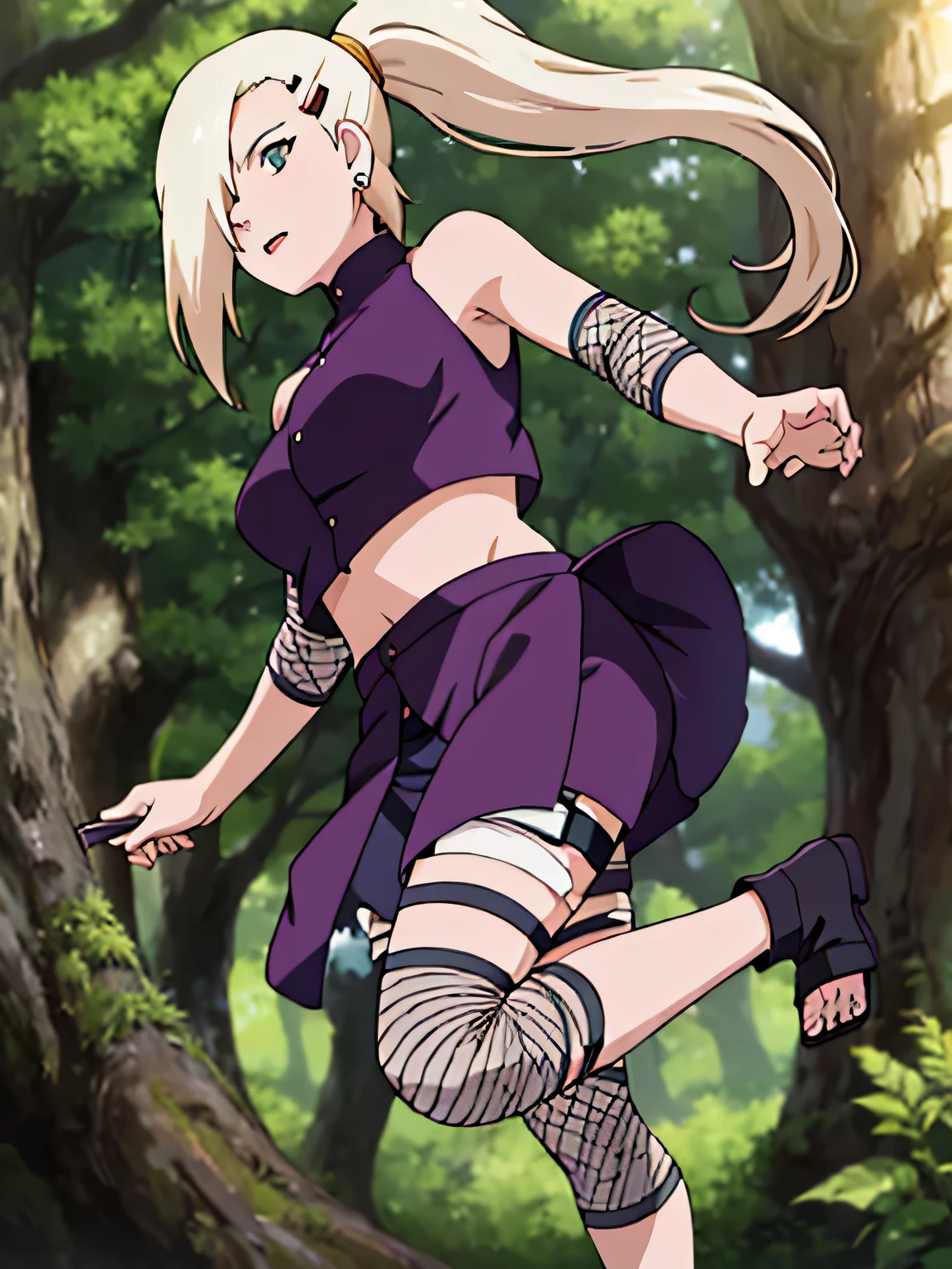 Yamanaka Ino, hair on one eye, ponytail, Hair clips, purple crop top, voluptuous, skirt, fishnet, earring, Diaphragm, show legs, condescending, alone, 1 girl, Facing the front, Masterpiece, perfect face, jump, Raise your legs high., touch,straight legs, touch high legs, Voluptuous eyes, open skirt, Torn a leg ,In the forest