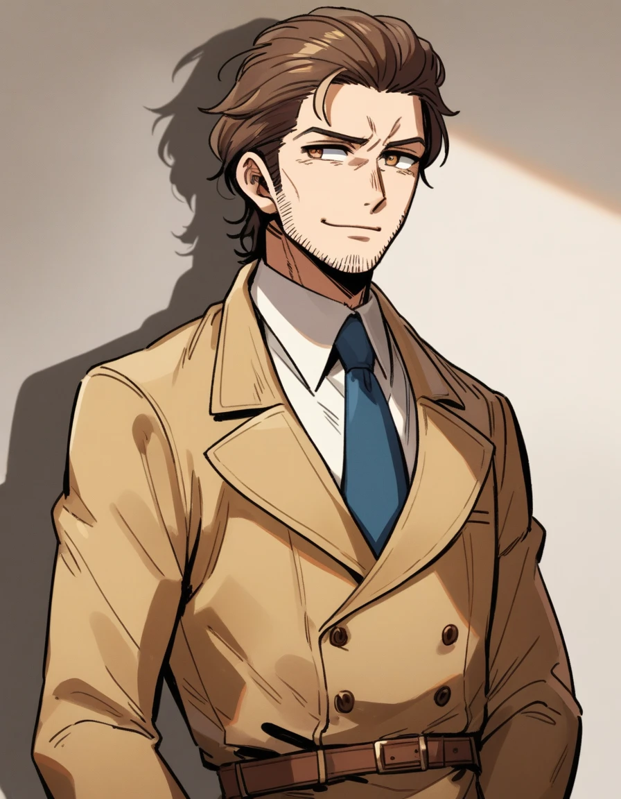 1man, detailed shabby mature, ordinary detective, tired wavy slicked back, yellow-brown hair, heavy weight, shihaku eyes, light-brown eyes, short stubble, rough skin, Oval-shaped head, dandy, ugly face, solo, white collared_shirt, blue necktie, beige trench_coat, dark worn-out suit, light smile, standing, in retro eroge style, visual novel, 1970s, VHS quality, masterpiece, best quality
