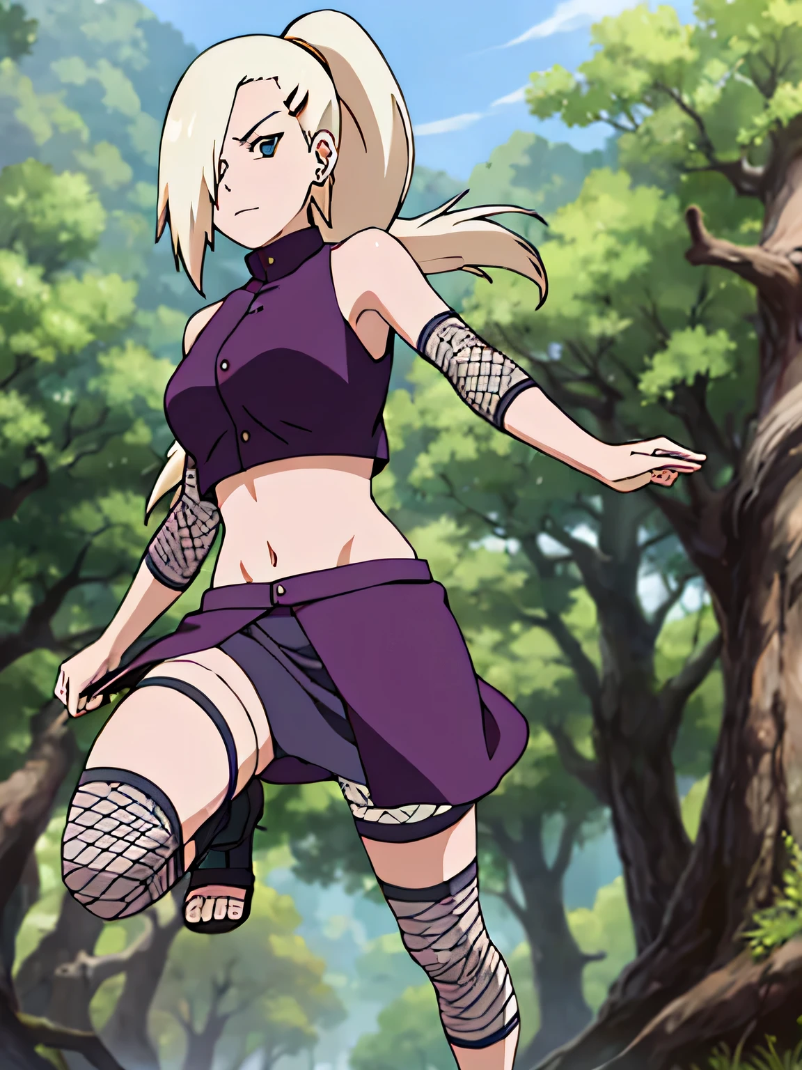 Yamanaka Ino, hair on one eye, ponytail, Hair clips, purple crop top, voluptuous, skirt, fishnet, earring, Diaphragm, show legs, condescending, alone, 1 girl, Facing the front, Masterpiece, perfect face, jump, Raise your legs high., touch,straight legs, touch high legs, Voluptuous eyes, open skirt, Torn a leg ,In the forest
