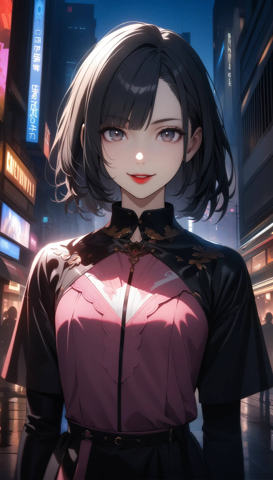 32k, best quality, ultra high res, HDR, UHD, extremely detailed CG, unity 32k wallpaper, Face Focus, Portraiture, Glowing black eyes, Feminine style, One Girl, asymmetrical bangs, bangs, Black Hair, goodid, good, looking at the camera, smile, night, city, Bob Hair, abdomen, Red lips, shirt, alone, Are standing, goodid, Upper Body, underwear, pink underwear, Perfect body line, beautiful kubire, beautiful, Mischievous face,