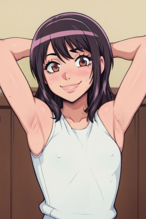 masterpiece, best quality, looking at viewer, upper body, portrait, looking at viewer, seductive smile, put your hands behind your head, armpits, armpits visible, sweaty armpits, hinata sakaguchi, very small breasts, black hair, wearing tanktop, no bra,