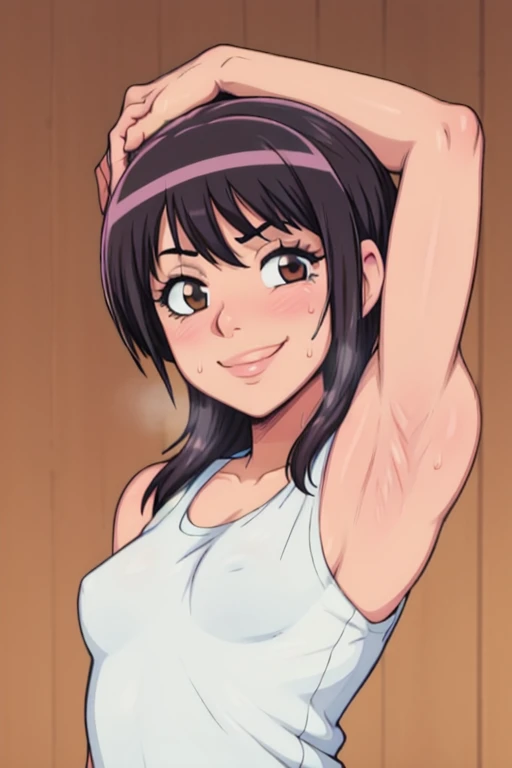 masterpiece, best quality, looking at viewer, upper body, portrait, looking at viewer, seductive smile, put your hands behind your head, armpits, armpits visible, sweaty armpits, hinata sakaguchi, very small breasts, black hair, wearing tanktop, no bra,