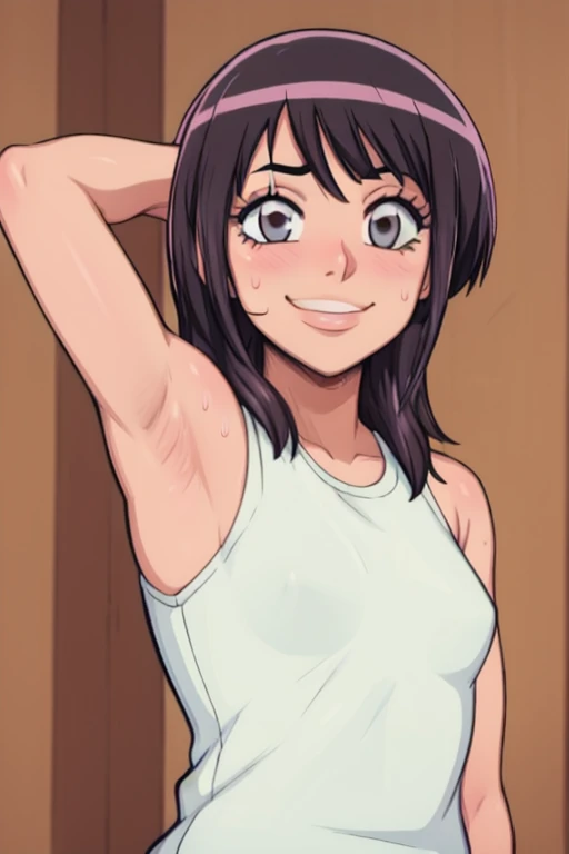 masterpiece, best quality, looking at viewer, upper body, portrait, looking at viewer, seductive smile, put your hands behind your head, armpits, armpits visible, sweaty armpits, hinata sakaguchi, very small breasts, black hair, wearing tanktop, no bra,