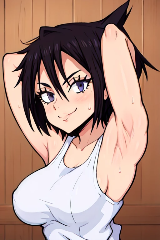 masterpiece, best quality, looking at viewer, upper body, portrait, looking at viewer, seductive smile, put your hands behind your head, armpits, armpits visible, sweaty armpits, hinata sakaguchi, very large breasts, black hair, short hair, wearing tanktop, no bra,