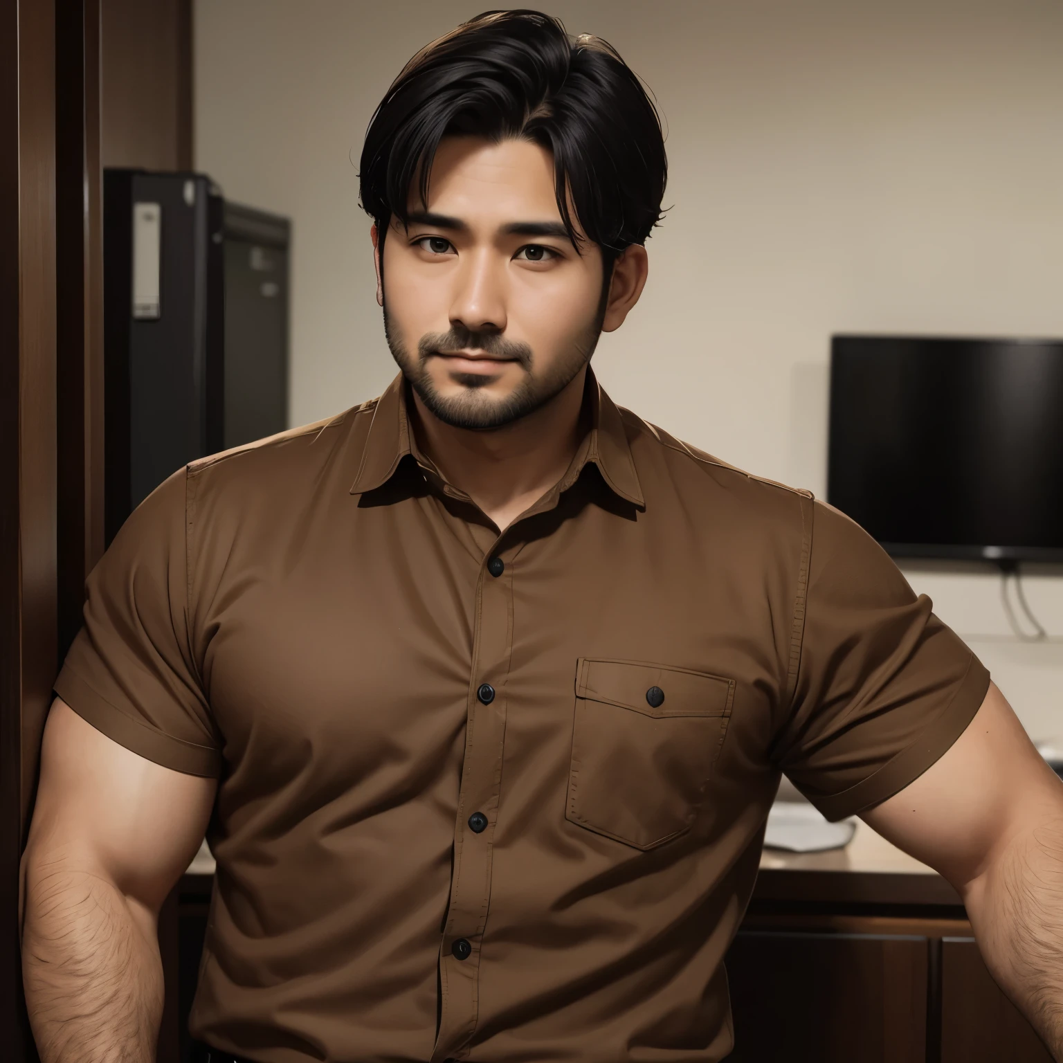 A 32-year-old man, wearing a brown work shirt, well-built, short neat black hair