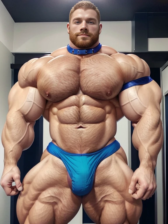 (perfect man:1.5), ginger, slight beard, hairy, vascular, realistic, posing, muscle bimbo, wearing a very black jockstrap, extraordinary attractive European man with radiant blue eyes, (muscular:1.5), ginger, (defined muscles:1.5), extraordinary huge package bulge, (big package bulge:1.5), (hung:1.9), lean but ripped, metal collar