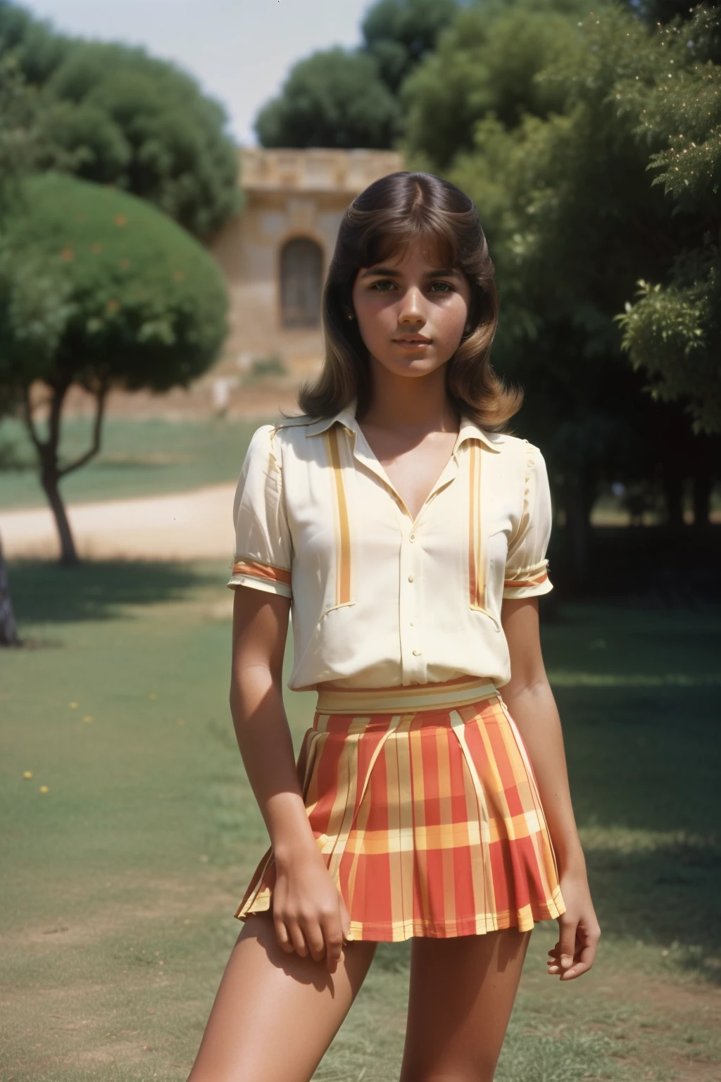 Tharsis, Spain, 1979. A young ((((-yeld)) mela Estévez)), in a garden party, ((((clothings from the 1970s, short skirt)))), ((hairstyle of the 1970s)), colorful