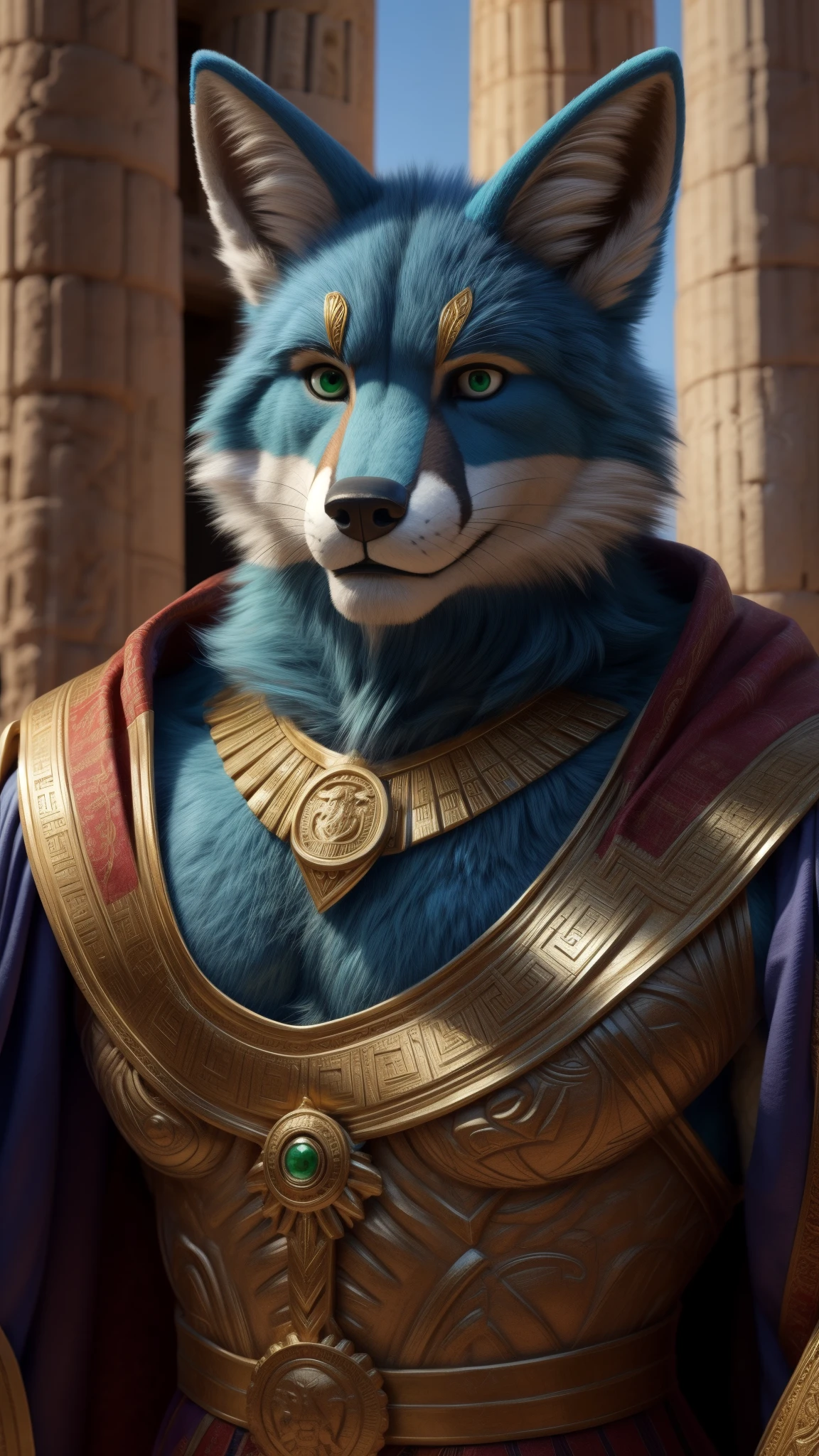 an adult muscular male Fox fursuit should probably be a very ancient king from Greek mythology I think he must be around 300 thousand years old he is wearing a very old outfit from ancient Greece looking at the visualized he is looking trustworthy green eyes and blue fur