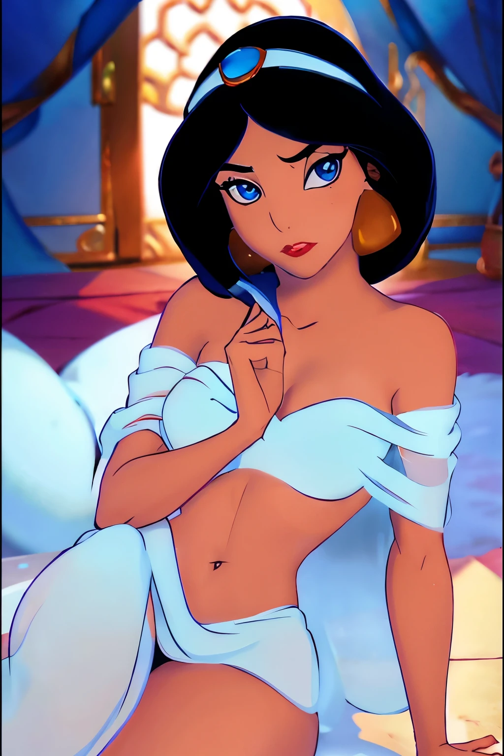 Jasmine, Black hair, blue eyes, dark skin, sexy pose, blushing, red lips, sitting down, looking at viewer