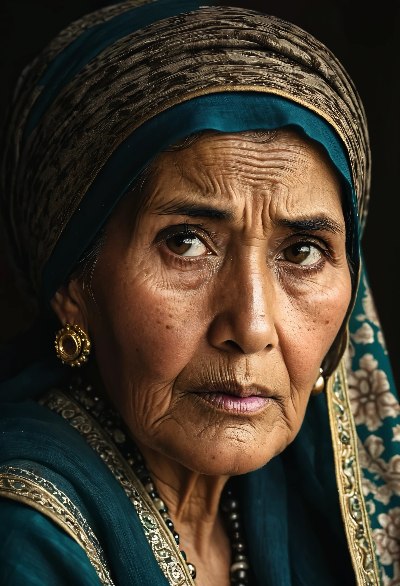 Portrait of Afgan old woman in an elegant traditional outfit, Showing off her calm and sad face with sorrowful eyes, an old woman with wrinkles, a turban, and big earrings looks into the camera,The images are extremely realistic.,Photographs like the Geographic style of Nation magazine.,Professional documentary work,realistic details,natural light, Rim Light,Studio Light,