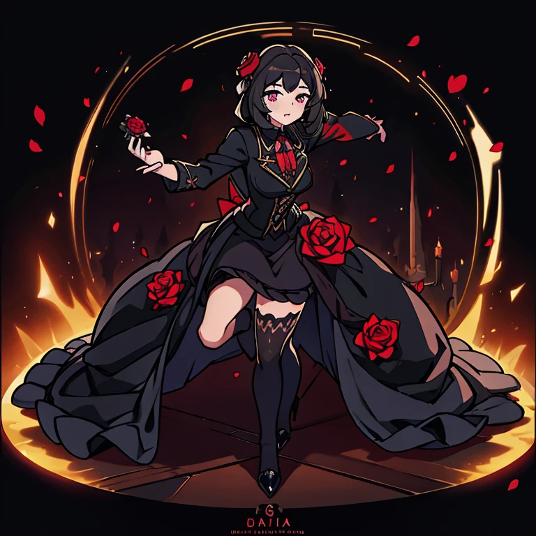 Black dress, dark hair, heels, dark eyes , a rose in her hand , rose flowers around , rose petals fly in the air , sun , black panties with a rose pattern , stockings , 8K best graphics best details