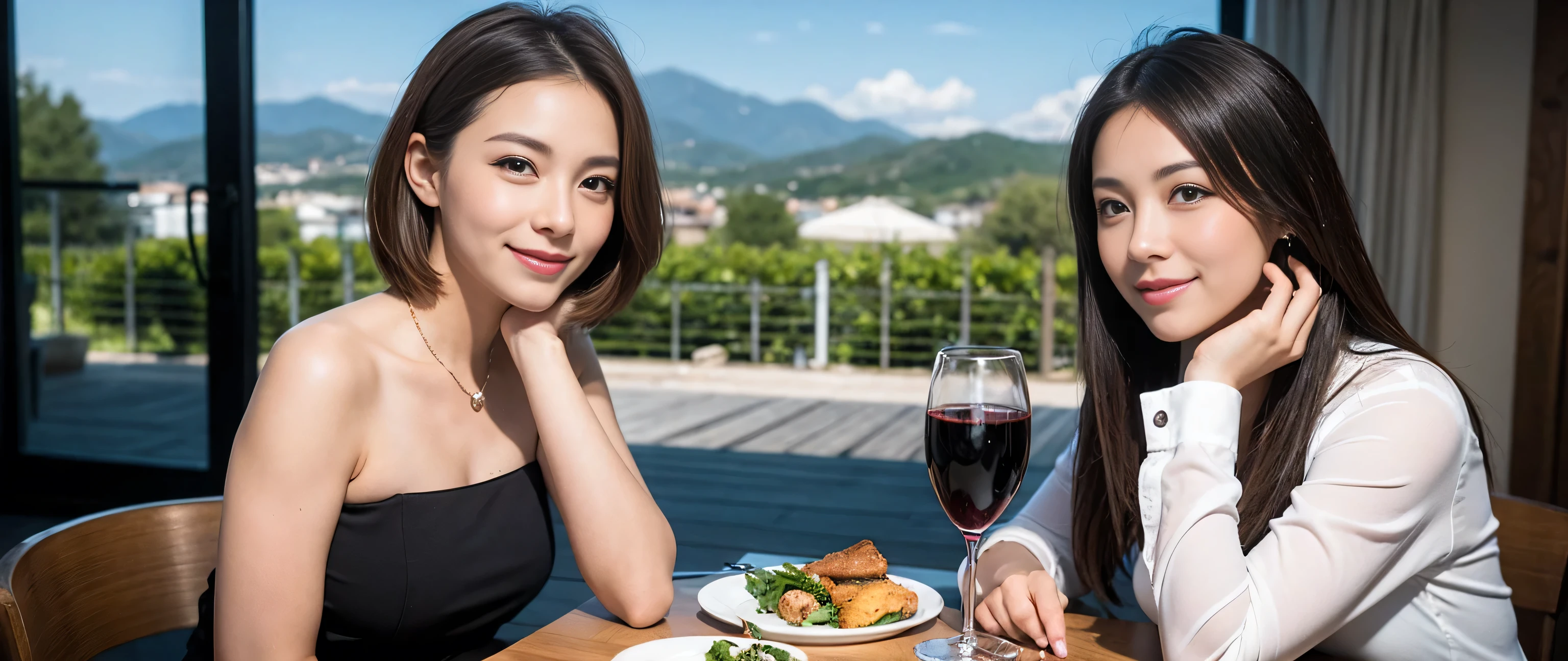 ((highest quality、8k、masterpiece:1.3))、Sharp focus:1.2、Beautiful woman perfect body:1.4、Slim body、((Bob Hale、Straight hair:1.2))、(to be born, highest quality, masterpiece:1.5), (Realistic, Intricate details:1.2), Wine glass on the table、shine a light on your face、 Amazing view of the sunset sky and clouds、Amazing mountain views、A bright smile、A lovely woman with a smile、Bright image、2. The beauty of wine, Beautiful Face, blue eyes, The light shines on your face, Blushing, short hair,Bright Face、Fox face、 (43 years old), 39 years old, Lady、red wine 、Appetizers、Italian food、Wine bottle、Champagne、sparkling wine、Two beauties、Brown Hair、Shortcuts、Long sleeve shirt、dress、Pretty Woman 1, (Slim face), (The body is slim), (Brown Hair), (Shortcuts), cheeks turn a little red,Attractive beauty、, Out of the window, A beautiful and detailed night view unfolds.........., restaurant, In a prominent place (From the waist up) Nova Frog Style, actress, model, Upper Body, White wine, slim, wine glass, A wine glass placed in the middle, smile, (smile: 1.15), Beautiful fine grain, Depth f/2,saturation, High Contrast, Strong light and shadow,Moist Body:1.5、3D texture、Delicate eyes、Brown Hair、The hair is very shiny、