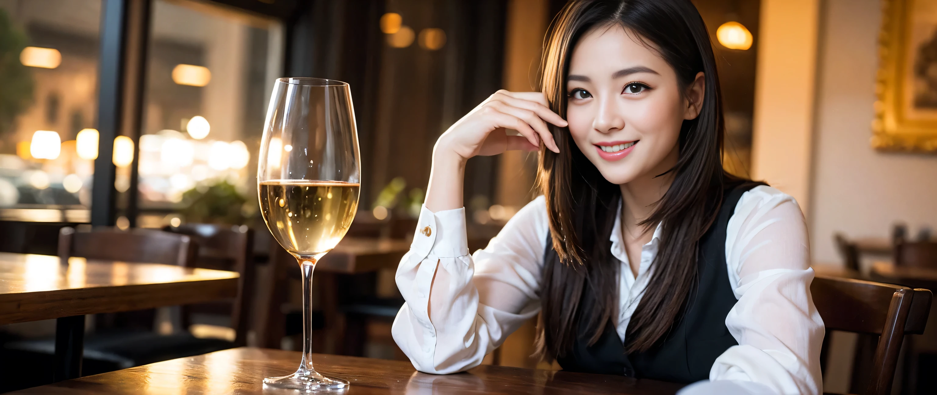 ((highest quality、8k、masterpiece:1.3))、Sharp focus:1.2、Beautiful woman perfect body:1.4、Slim body、((Bob Hale、Straight hair:1.2))、(to be born, highest quality, masterpiece:1.5), (Realistic, Intricate details:1.2), Wine glass on the table、shine a light on your face、 Amazing view of the sunset sky and clouds、Amazing mountain views、A bright smile、A lovely woman with a smile、Bright image、2. The beauty of wine, Beautiful Face, blue eyes, The light shines on your face, Blushing, short hair,Bright Face、Fox face、 (43 years old), 39 years old, Lady、red wine 、Appetizers、Italian food、Wine bottle、Champagne、sparkling wine、Two beauties、Brown Hair、Shortcuts、Long sleeve shirt、dress、Pretty Woman 1, (Slim face), (The body is slim), (Brown Hair), (Shortcuts), cheeks turn a little red,Attractive beauty、, Out of the window, A beautiful and detailed night view unfolds.........., restaurant, In a prominent place (From the waist up) Nova Frog Style, actress, model, Upper Body, White wine, slim, wine glass, A wine glass placed in the middle, smile, (smile: 1.15), Beautiful fine grain, Depth f/2,saturation, High Contrast, Strong light and shadow,Moist Body:1.5、3D texture、Delicate eyes、Brown Hair、The hair is very shiny、