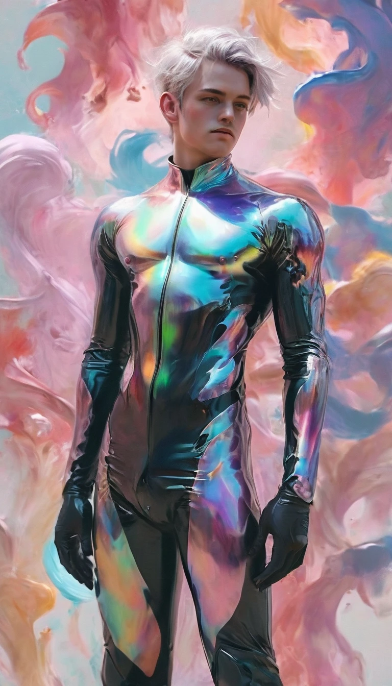 A visionary artist embodying digital creation, standing facing us in a creative yet relaxed pose. He's an androgynous-looking man in his twenties, with fine, elegant features. His skin is very pale, contrasting with his long, jet-black, loose hair.
He wears a tight-fitting black jumpsuit with pearlescent highlights, open to an immaterial torso made of colorful swirls and dissolving codes. His high boots have wedge-shaped soles.
His gloved hands project brushes of colored light with which he seems to sculpt and paint abstract, twirling forms in the air around him.
The background is a succession of empty spaces in shifting pastel hues, like an infinite, elusive blank canvas. A few particles and streaks of paint float in the air.
The style blends painterly realism with surreal digital effects. Textures are finely crafted, especially on the clothes. The whole inspires virtuosity, inventiveness and total mastery of the creative arts in the digital age.