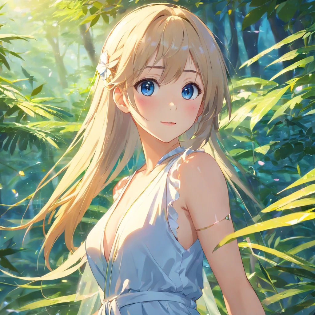 ((8K,masterpiece,highest quality,High resolution))Erotic,sexy,One Girl,shy,Fine skin,Gloss,A gentle smile,Beautiful face in every detail,Baby Face,Beautiful Blue Eyes,White long hair,Finely drawn body,Big cleavage,Bare legs,White Chinese dress with see-through,Spectacular Nature